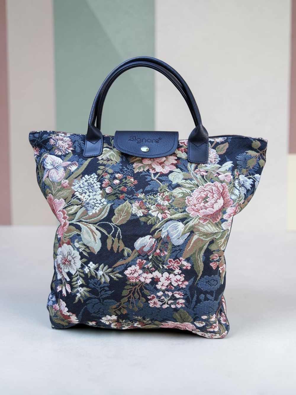 Signare Floral And Black Tapestry Tote Bag
